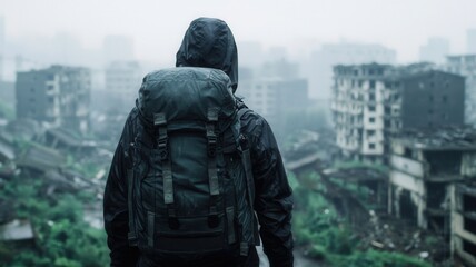 Lone Traveler with Backpack Surveys Devastated Urban Landscape After Disaster