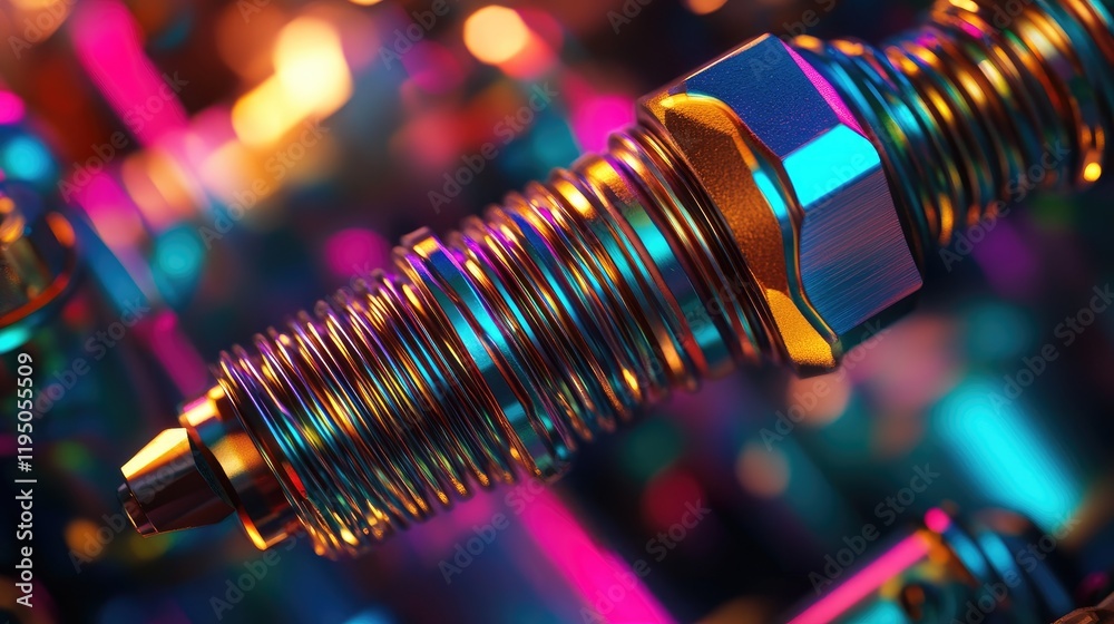 Poster The close-up of a spark plug shows off its complex design and metallic details, illuminated with bright, vibrant colors to capture its fine craftsmanship.