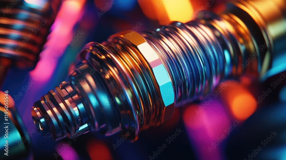 Poster the close-up of a spark plug shows off its complex design and metallic details, illuminated with bri