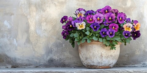 Ceramic pot overflowing with purple and yellow pansy flowers placed against a textured beige stone wall in a serene outdoor setting