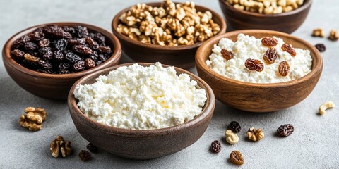 Ceramic bowls with cottage cheese raisins and walnuts on gray concrete surface arranged harmoniously in appealing earthy tones