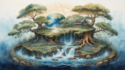 Fantasy landscape with majestic trees and waterfall near traditional house under glowing planet