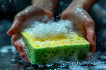 Fototapeta premium Person lathering a sponge with soap.