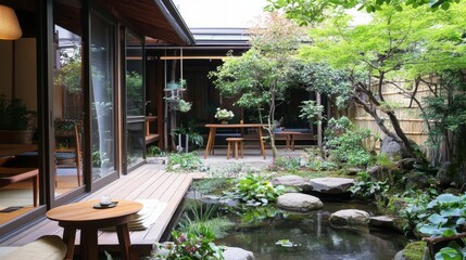 Obraz premium An elegant urban retreat with minimalist garden designs and stylish seating, offering a serene space amidst the urban buzz.