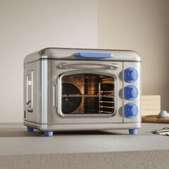 Obraz premium A compact, retro-style countertop oven with blue knobs, ideal for small kitchens or baking enthusiasts.