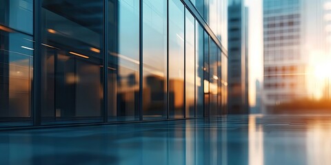 Fototapeta premium Modern office building with large glass windows reflecting golden sunset light creating a warm atmosphere with blurred cityscape backdrop.