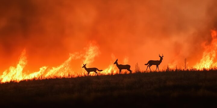 Silhouettes of deer flee across a hillside as a fierce wildfire engulfs the landscape in dramatic flames and smoke.