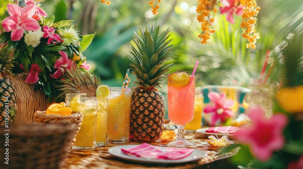 Poster summer picnic featuring tropical drinks and pineapples in a lush garden setting. generative ai