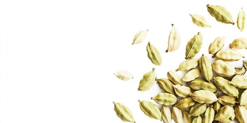 Closeup of green cardamom pods scattered on a clean white background with ample copyspace highlighting spices and herbs for packaging ideas.