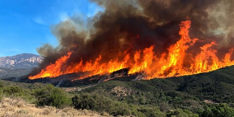 A wildfire blazes across a mountainous landscape, engulfing trees in flames and creating a thick plume of smoke against a clear blue sky.