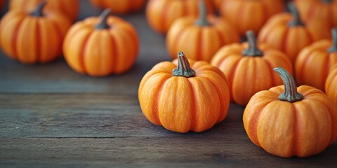 Miniature orange pumpkins arranged on a rustic wooden surface with selective focus and ample copy space showcasing their vibrant color and texture