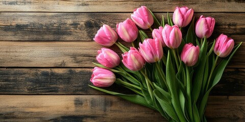 Pink tulips arranged in a bouquet on a rustic wooden plank background, top view with ample copy space, perfect for spring celebrations.