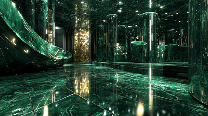 An emerald green design with high-gloss surfaces, dynamic textures, and intricate accents, perfect for creating luxurious, elite-level visuals and product presentations.