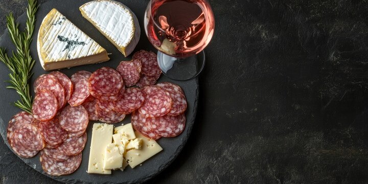 Top view of a charcuterie board with salami cheese and a glass of rose wine on a dark stone backdrop featuring ample copy space on the right side