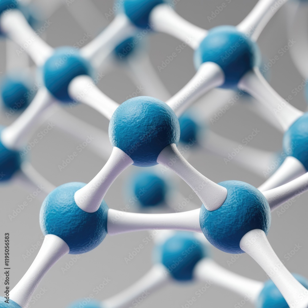 Poster A 3D model of a molecular structure, showcasing interconnected atoms with white bonds, creating a complex network.