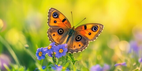 Vivid orange and brown butterfly with black eyes perched on violet flowers in a sunlit meadow with soft green grass in the background