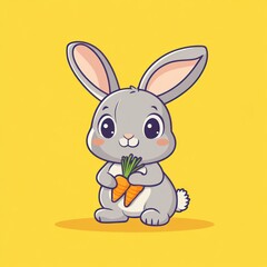 Obraz premium Cute bunny holding carrots, yellow background, Easter