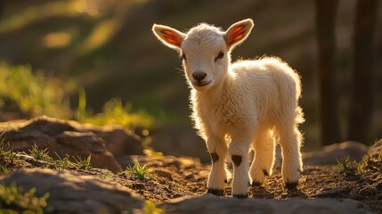 Fototapeta premium A small white goat standing on rocky terrain warm sunlight. Young animal, nature, farm life, mountain goat, innocent expression, wildlife, natural habitat, countryside, morning light. Generative AI.