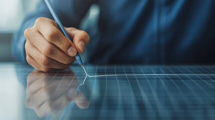 Close-Up Hand Holding Pen Drawing Clear Growth Line on Transparent Surface with Grid, Symbolizing Progress, Success, and Business Development Concepts