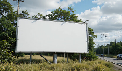 A blank billboard stands beside a highway, offering prime advertising space against a backdrop of...