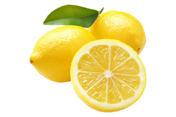 Whole and half yellow lemons with vibrant green leaves isolated on white transparent background, representing freshness and citrus fruits