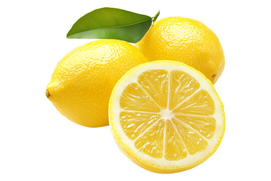 Whole and half yellow lemons with vibrant green leaves isolated on white transparent background, representing freshness and citrus fruits