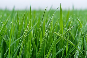 Obraz premium Morning Light Illuminates Fresh Green Grass with Dewdrops in a Serene Landscape, Capturing the Tranquility of Nature's Awakening in Early Hours