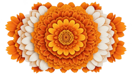 Symmetrical mandala design using isolated vibrant orange and yellow marigold petals, arranged in perfect concentric circles, isolated on a white transparent background PNG.