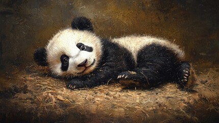 Fototapeta premium Adorable baby panda lying on the ground with glowing golden light. Warm atmosphere, wildlife, nature, innocence, bamboo forest theme, and soft details. Generative AI.