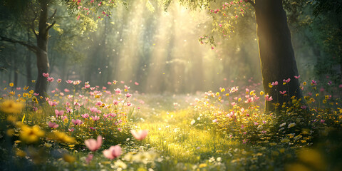tranquil forest clearing filled with blooming wildflowers, bathed in soft sunlight streaming through trees, creating serene and magical atmosphere