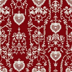 Elegant Chinese New Year Pattern Featuring Delicate White Lace with Heart Motifs on Rich Red Background, Perfect for Festive Celebrations and Seasonal Decor