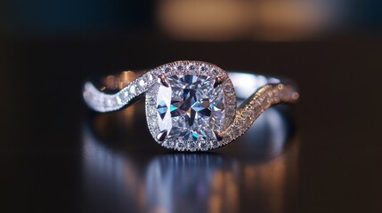 Fototapeta premium A beautiful diamond ring with a cushion-cut stone and a twisted band is set on a dark background, enhancing its unique design.