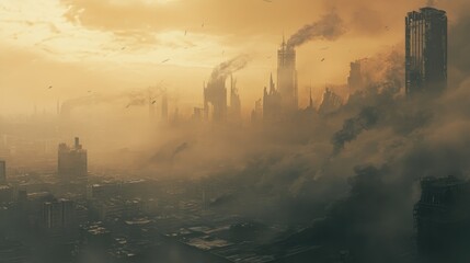 Naklejka premium Thick smog and industrial waste fill the sky over a city, symbolizing environmental pollution and the growing threat of global warming.