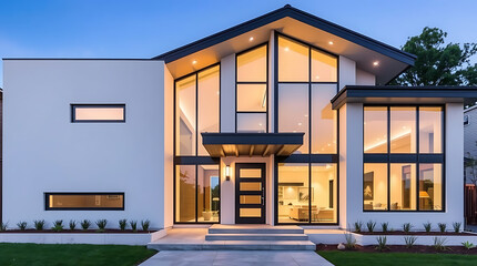 Modern Architectural Design: Luxurious House Exterior at Night.  A stunning contemporary home with illuminated windows and elegant facade. Ideal for real estate and architecture websites.