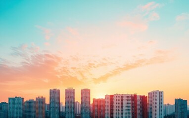 Fototapeta premium Majestic Urban Landscape Under a Colorful Sky Filled with Radiant Hues of Sunset, Showcasing a Vibrant City Skyline in an Expansive View