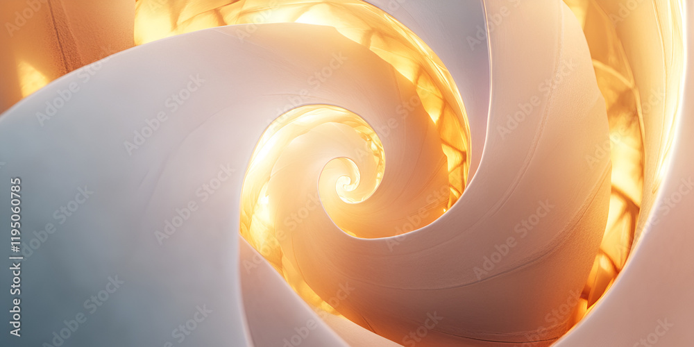 Poster golden spiral vortex: abstract image of a swirling spiral, glowing with warm golden light at its cor