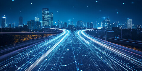 Digital Highway: A futuristic cityscape at night, with glowing digital circuitry lines flowing across a highway that splits into two paths.