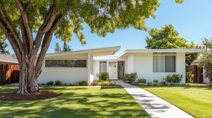 A contemporary single-story white house with a spacious side garden, shaded by a tree and featuring a cozy seating area.
