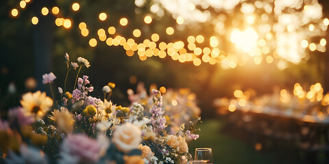 whimsical outdoor wedding reception in meadow with floral arrangements, string lights, and warm sunset glow creating romantic and enchanting atmosphere