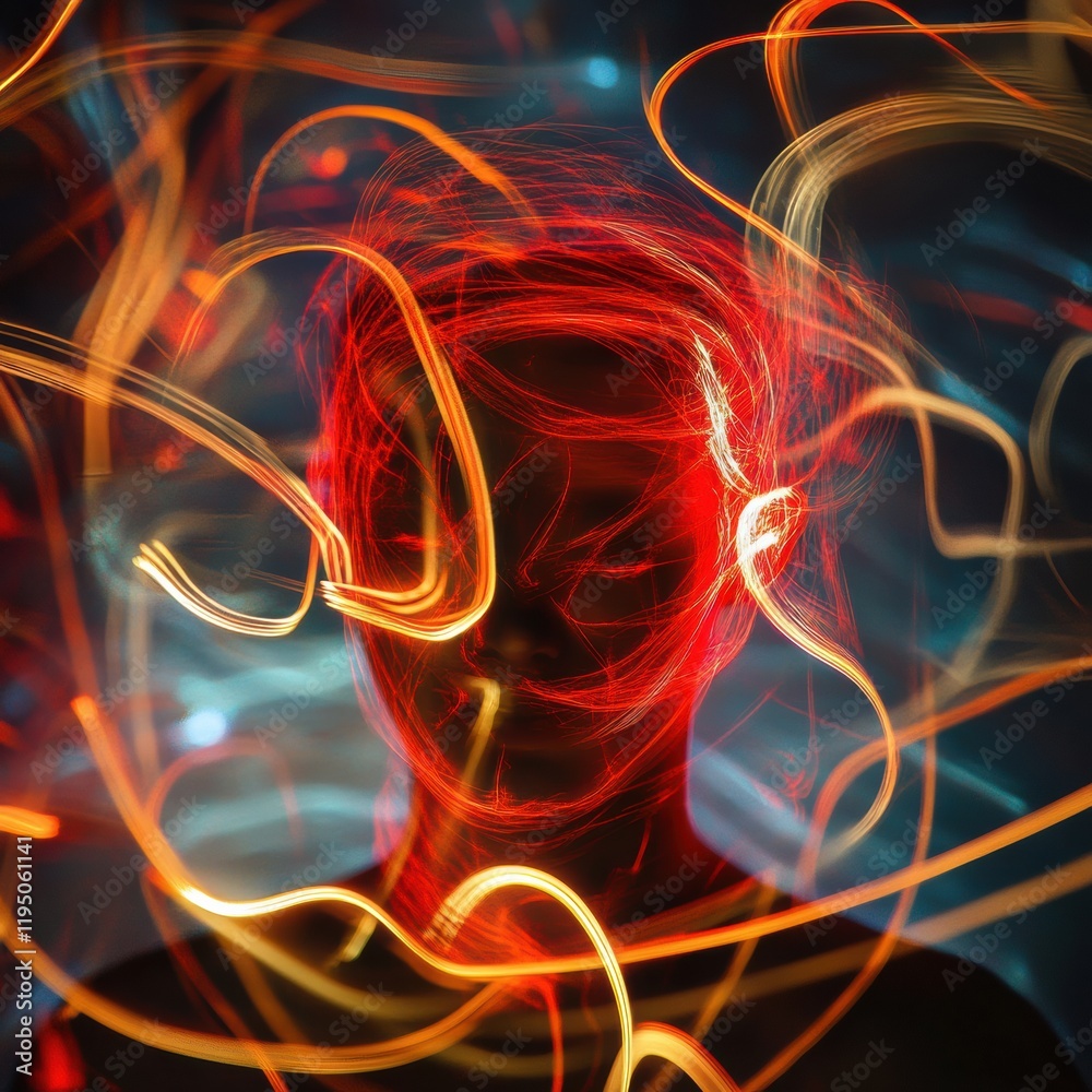Fototapete person surrounded by swirling lines and abstract shapes creates a mesmerizing visual experience in a