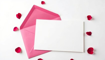 Pink opened envelope and blank white card with rose petals on white background mockup for greeting Valentine day wedding love post message