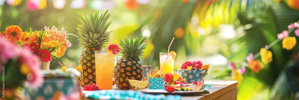 Poster enjoy a vibrant summer picnic with tropical drinks and fresh pineapples in a lush garden setting. ge