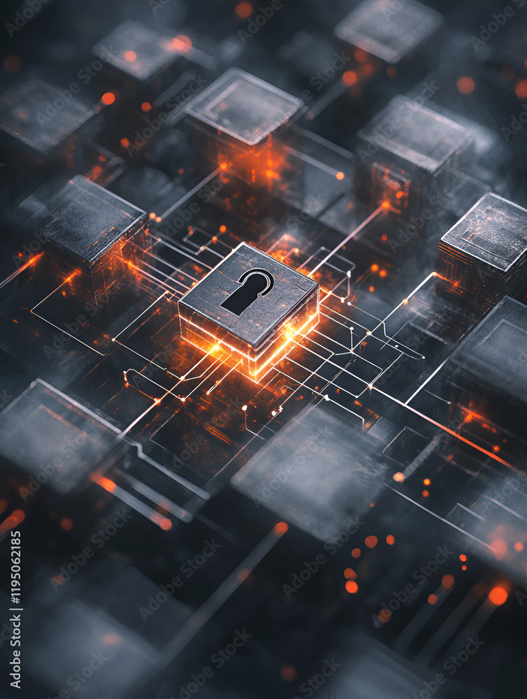 Poster cybersecurity lock: glowing digital padlock at the core of a complex circuit board, symbolizing robu