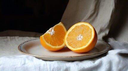 A simple still life of a fresh orange cut in half on a plate