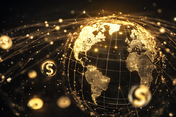 Futuristic digital globe with glowing network and currency connections