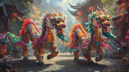 Fototapeta premium Two colorful dragon dancers adorned with intricate details, symbolizing good fortune, dance gracefully along a cobblestone path during a lively festival celebration.