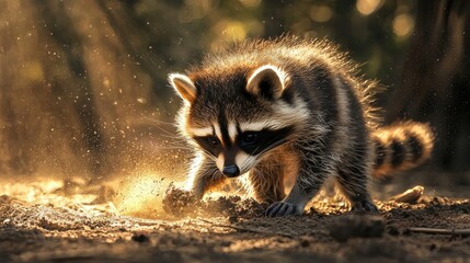Obraz premium Curious raccoon digging in soil under golden sunlight, with dust particles accentuating motion and energy. Highlights wildlife and nature interaction. Generative AI