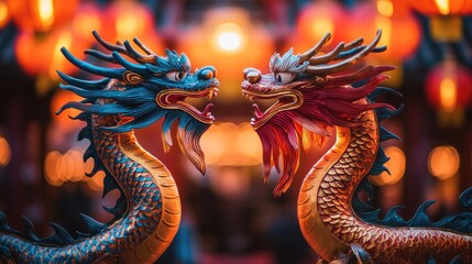 Fototapeta premium Two colorful dragon sculptures facing one another, with glowing lanterns in the background, capturing the spirit of celebration and culture.