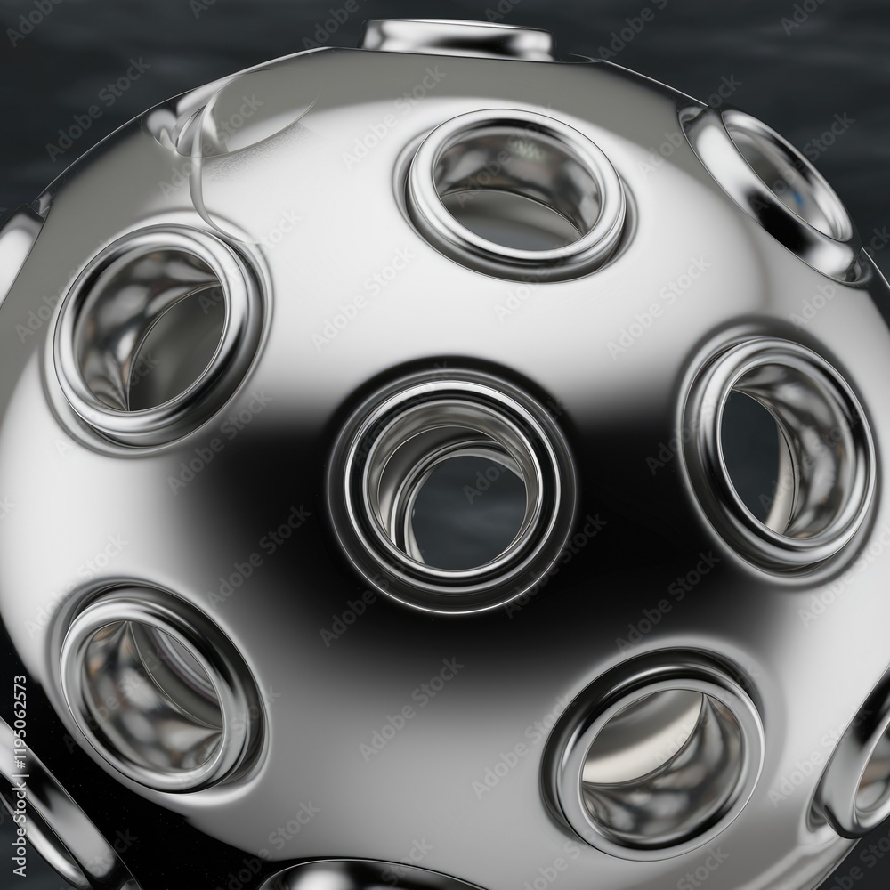Poster A polished metallic sphere with multiple circular openings, reflecting dark surroundings.