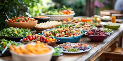 Vibrant summer buffet featuring multicolored dishes on a wooden table with salads fruit platters and festive bright greenery in the background